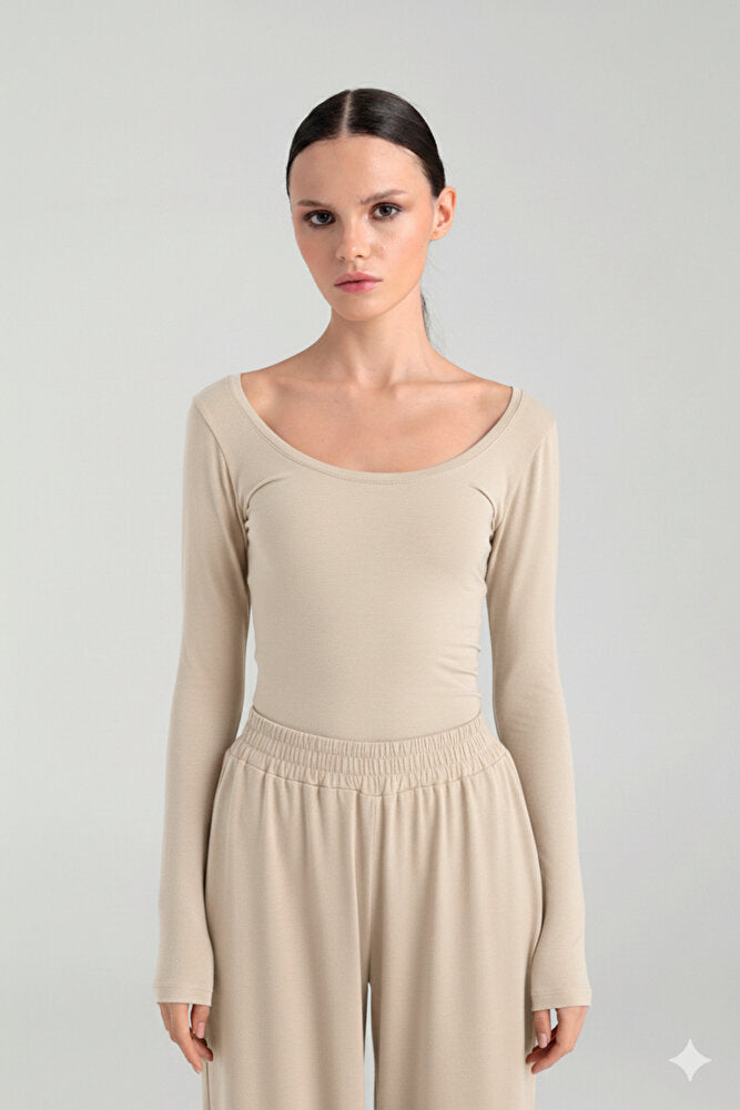 Ultra Soft Oval Yaka Bluz Bej