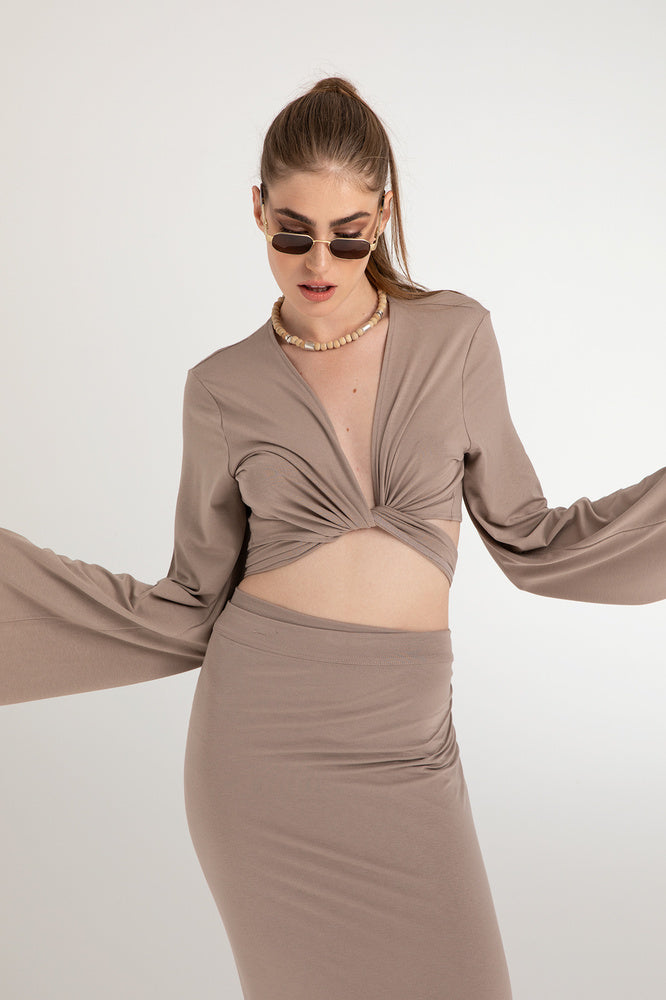 Ultra Soft Bağlamalı Volan Kol Bluz Vizon