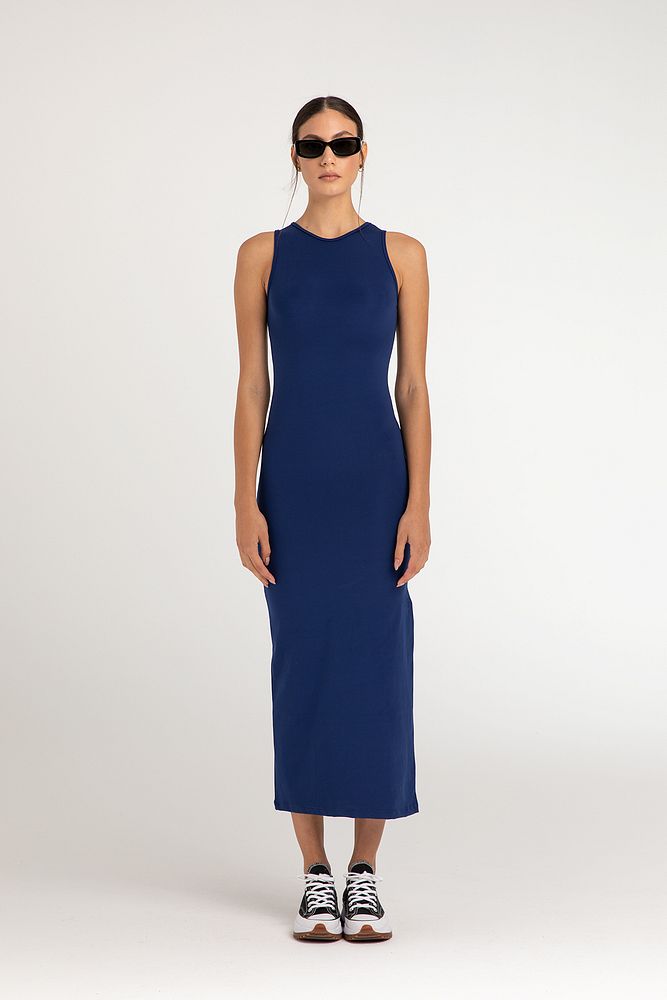 Soft Touch Yırtmaç Detaylı Kolsuz Elbise Lacivert