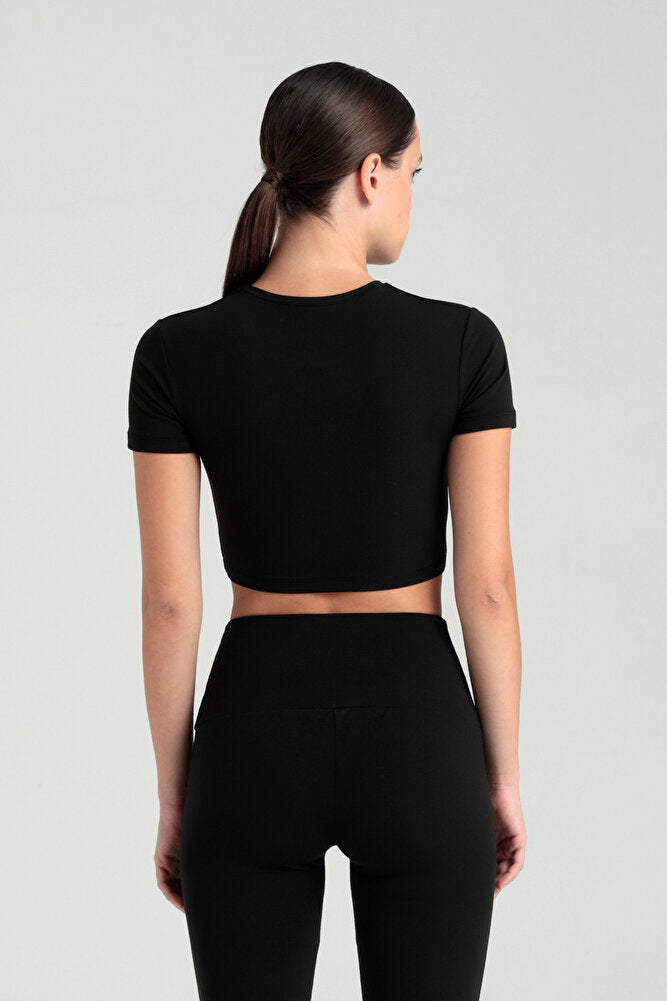 Comfort Yuvarlak Yaka Kısa Kol Crop Top Siyah