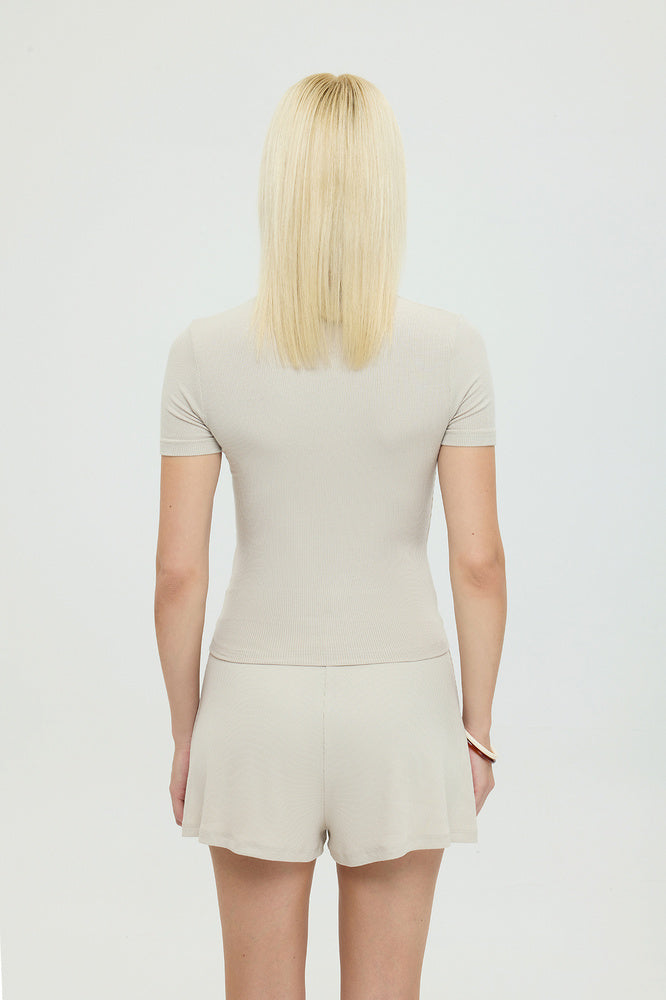 Soft Rib Yuvarlak Yaka Kısa Kol Bluz Bej