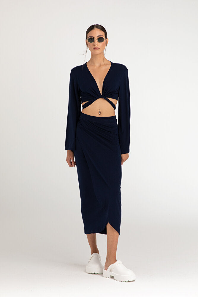 Ultra Soft Bağlamalı Volan Kol Bluz Lacivert