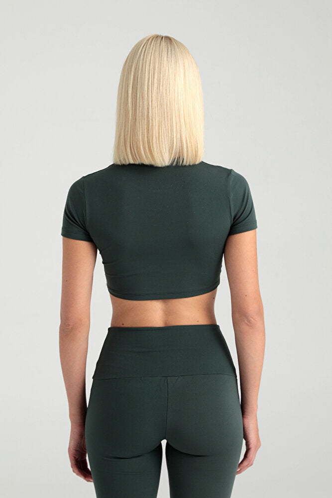 Comfort Yuvarlak Yaka Kısa Kol Crop Top Yosun Yeşili