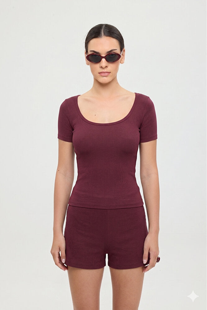 Ultra Soft Oval Yaka Kısa Kol Bluz Bordo