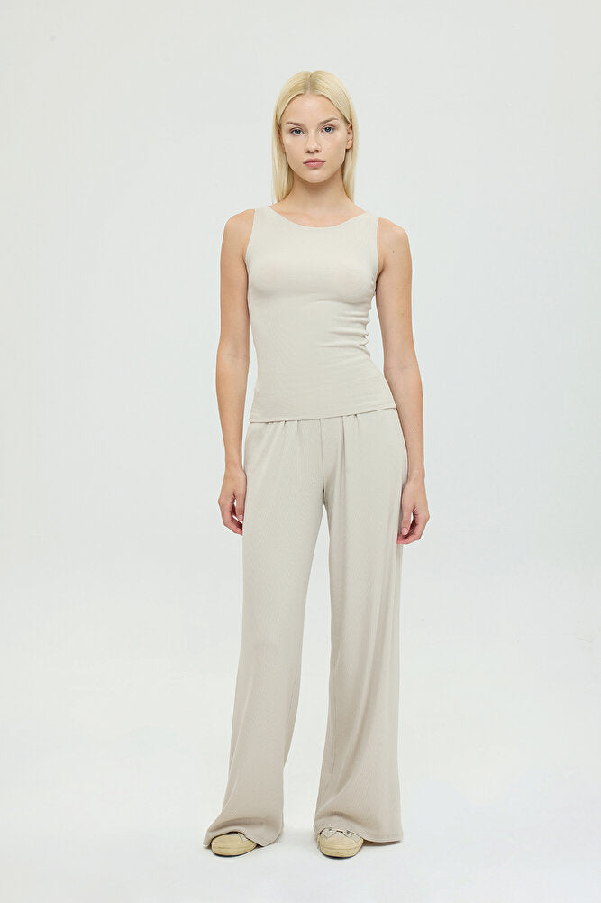 Soft Rib Kayık Yaka Kolsuz Bluz Bej