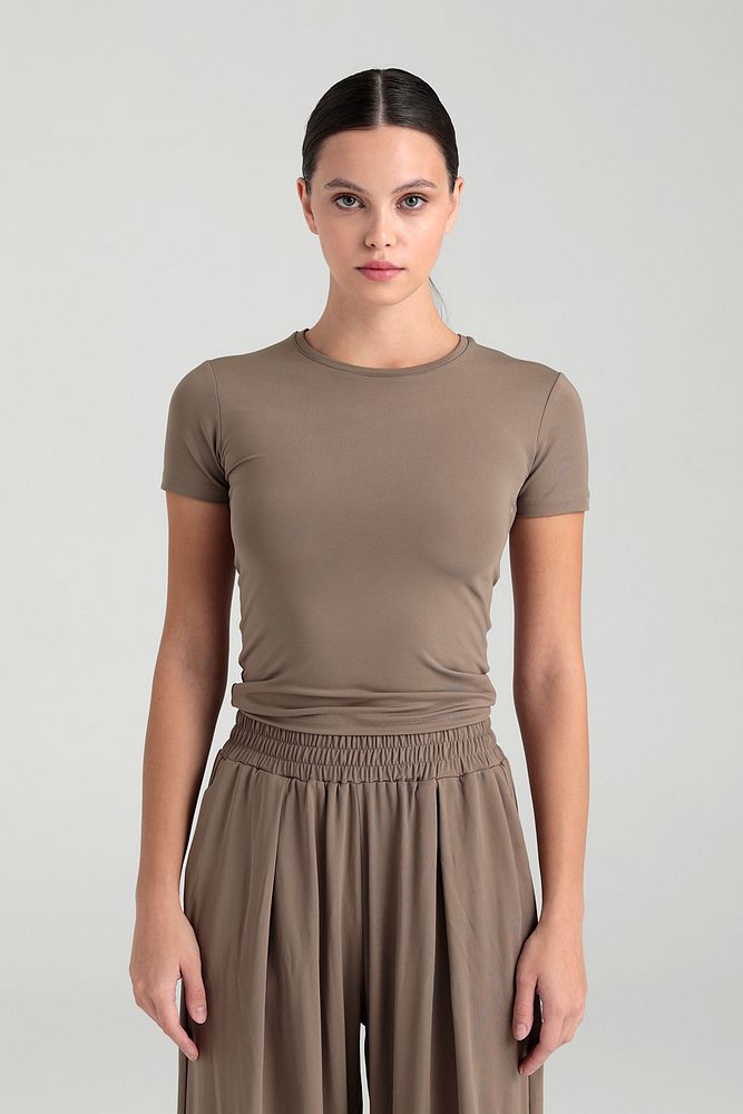 Soft Touch Yuvarlak Yaka Kısa Kol Bluz Vizon