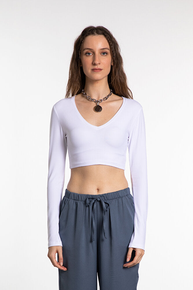 Soft Touch V Yaka Kısa Bluz Beyaz