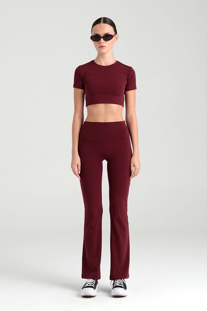 Soft Touch Yüksek Bel Ispanyol Paça Pantolon Bordo