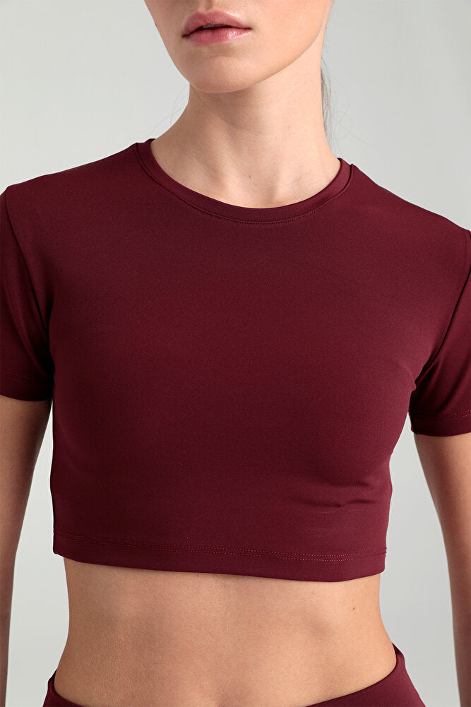 Comfort Yuvarlak Yaka Kısa Kol Crop Top Bordo