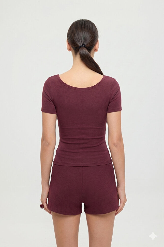 Ultra Soft Oval Yaka Kısa Kol Bluz Bordo