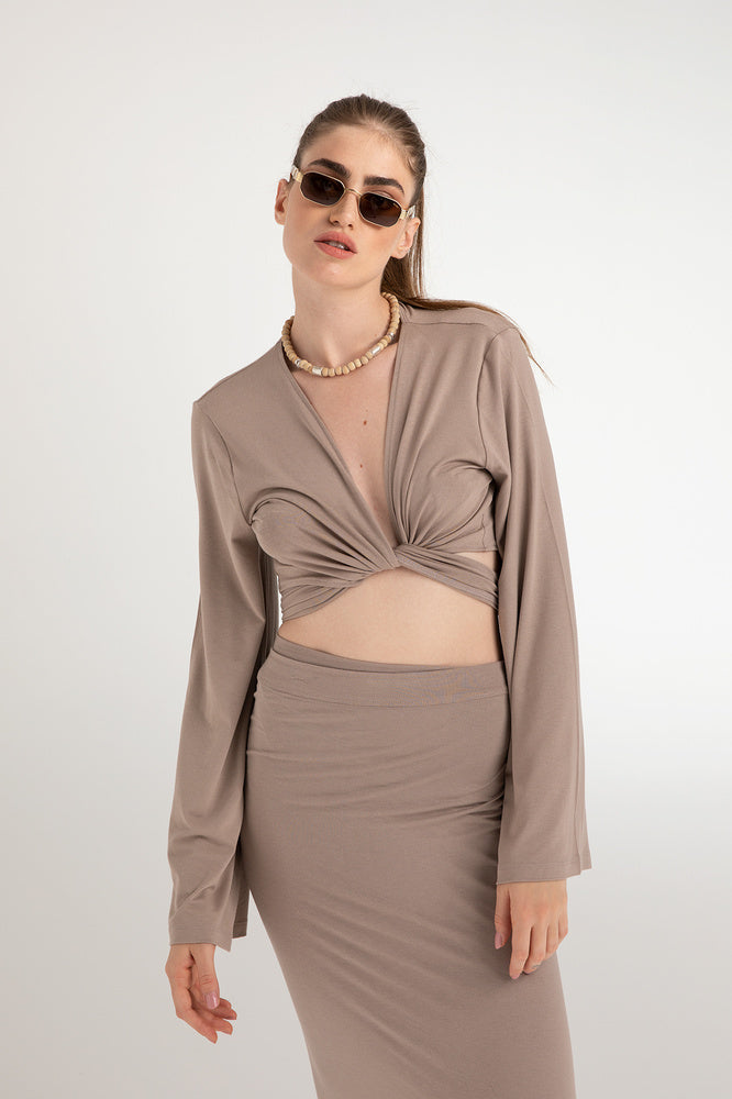 Ultra Soft Bağlamalı Volan Kol Bluz Vizon