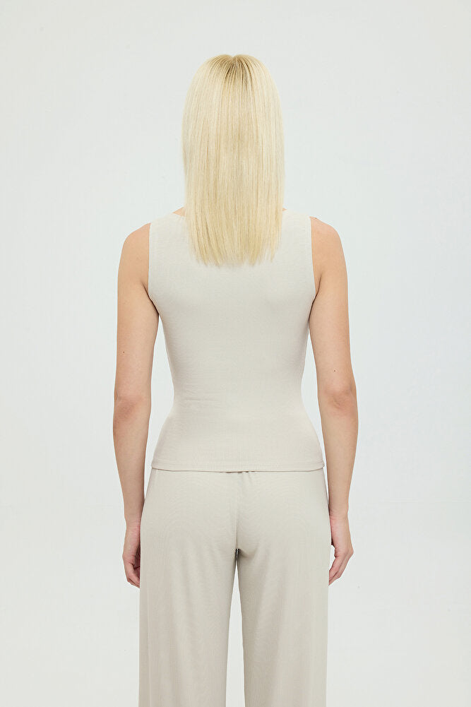 Soft Rib Kayık Yaka Kolsuz Bluz Bej