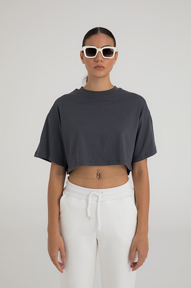 Cotton Oversize Kısa Kollu Crop T-shirt Füme