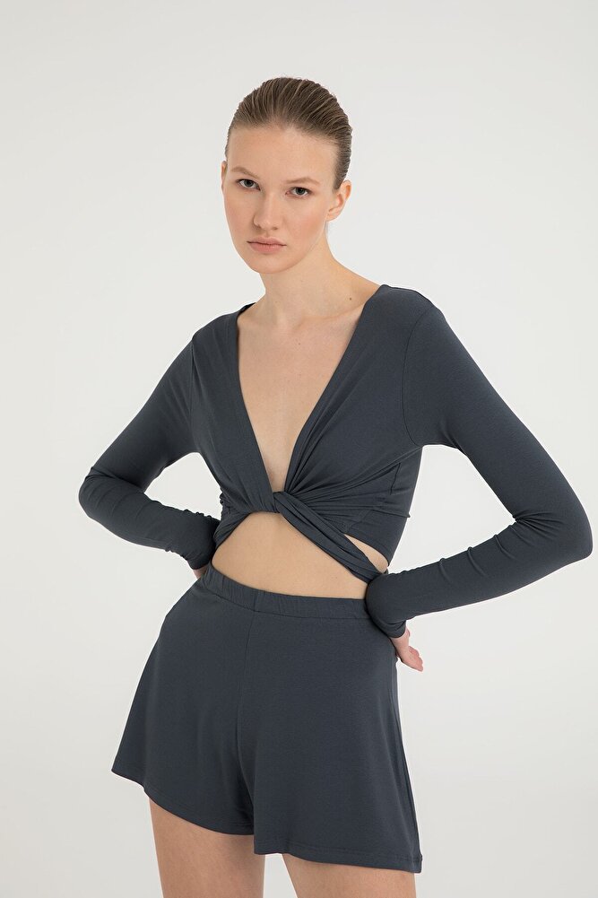 Ultra Soft Bağlamalı Bluz Füme