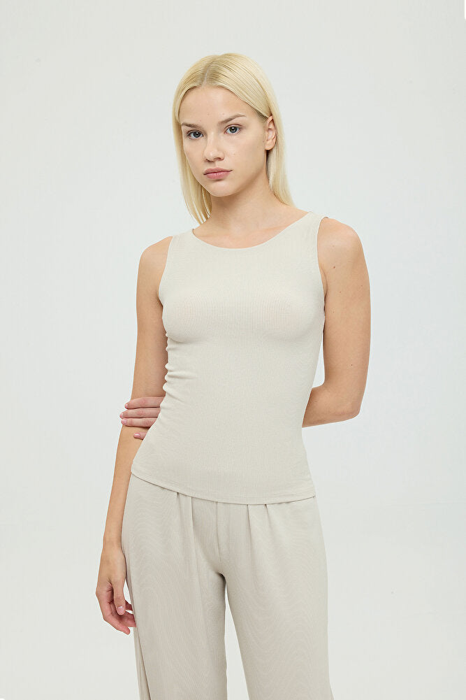 Soft Rib Kayık Yaka Kolsuz Bluz Bej