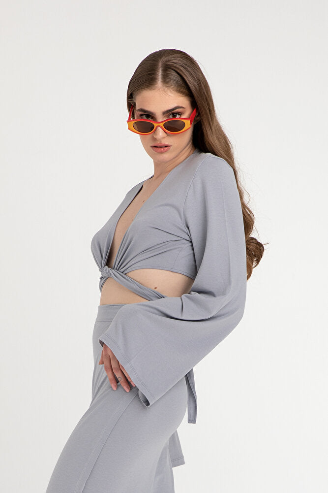 Ultra Soft Bağlamalı Volan Kol Bluz Gri