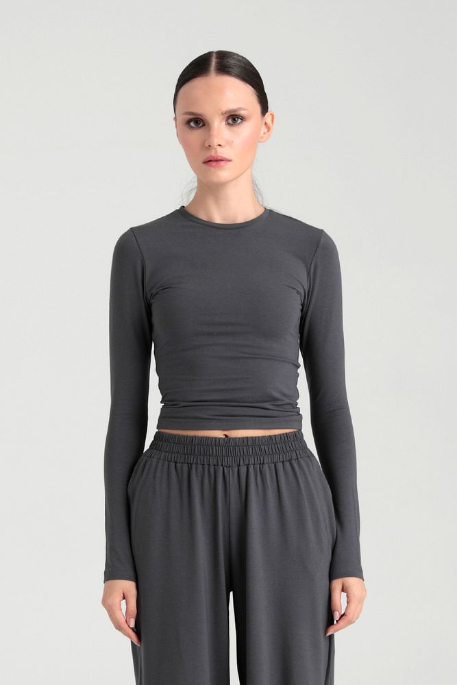 Ultra Soft Yuvarlak Yaka Bluz Füme