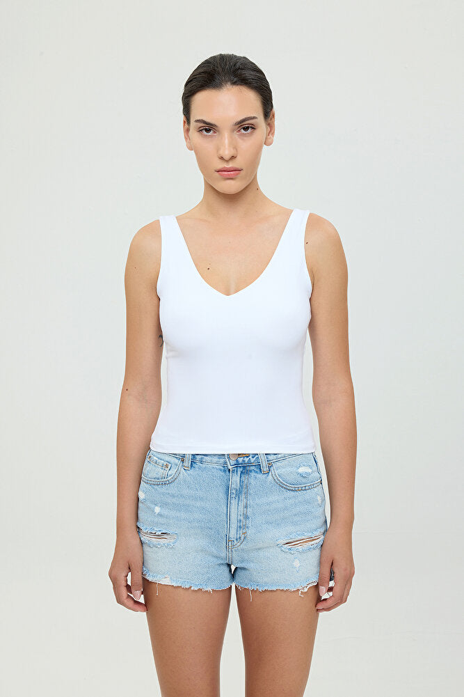 Soft Touch V Yaka Tulum Bluz Beyaz