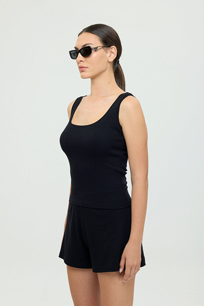 Soft Rib Oval Yaka Kolsuz Bluz Bej