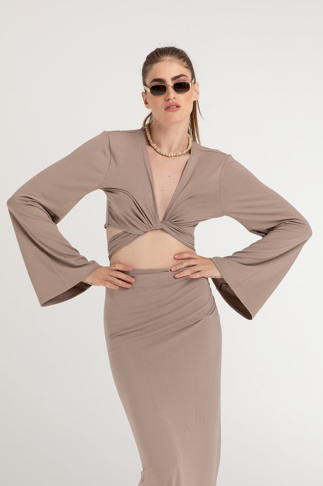 Ultra Soft Bağlamalı Volan Kol Bluz Vizon