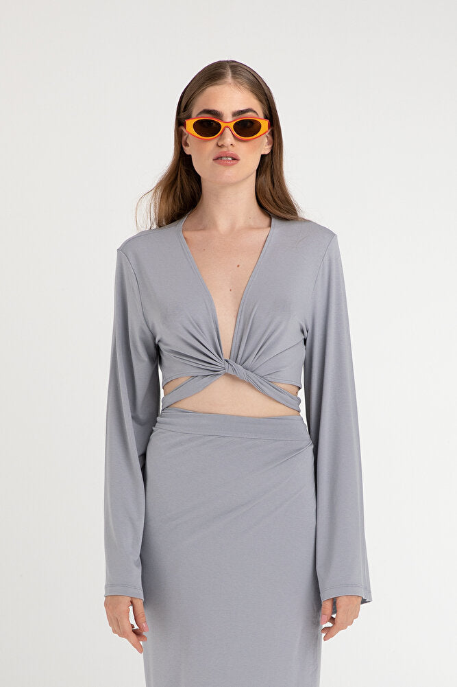 Ultra Soft Bağlamalı Volan Kol Bluz Gri