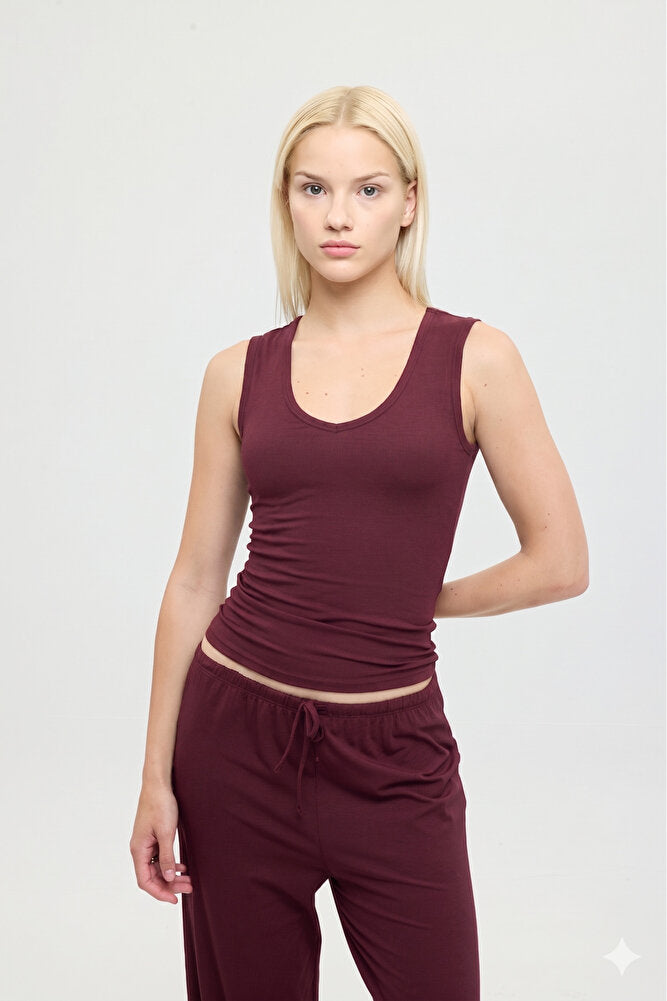 Ultra Soft V Yaka Kolsuz Bluz Bordo