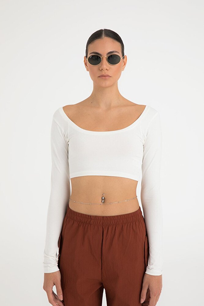 Cotton Oval Yaka Kısa Bluz Ekru