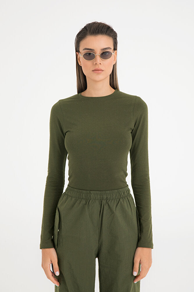 Cotton Yuvarlak Yaka Bluz Haki