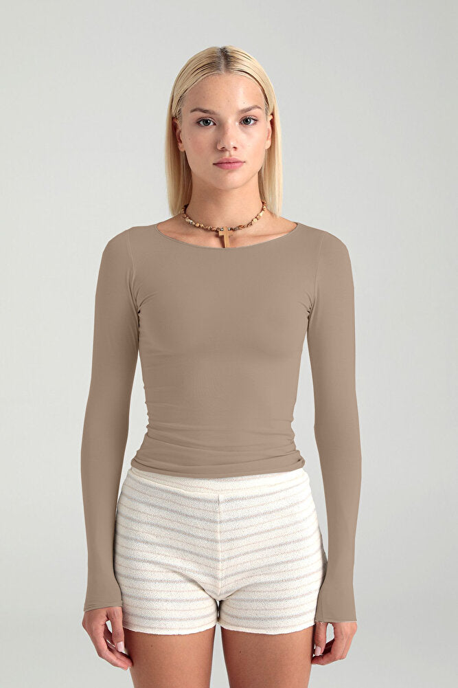 Ultra Soft Kayık Yaka Bluz Vizon