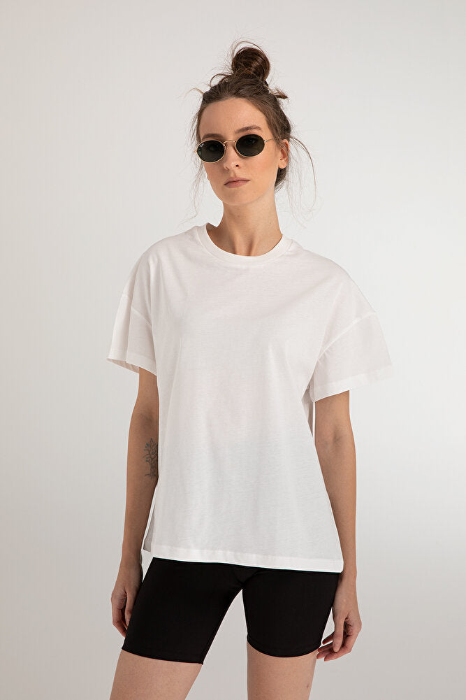 Cotton Oversize Bisiklet Yaka Basic T-shirt Beyaz