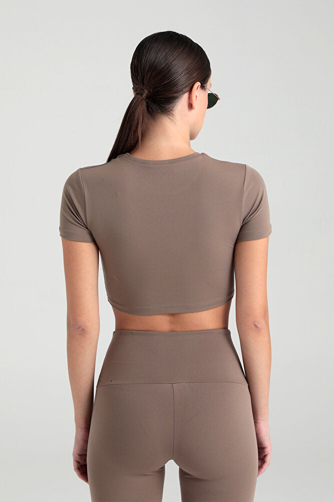 Comfort Yuvarlak Yaka Kısa Kol Crop Top Vizon