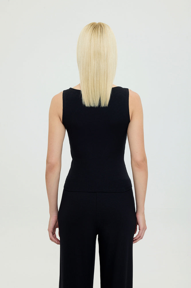 Soft Rib Kayık Yaka Kolsuz Bluz Siyah