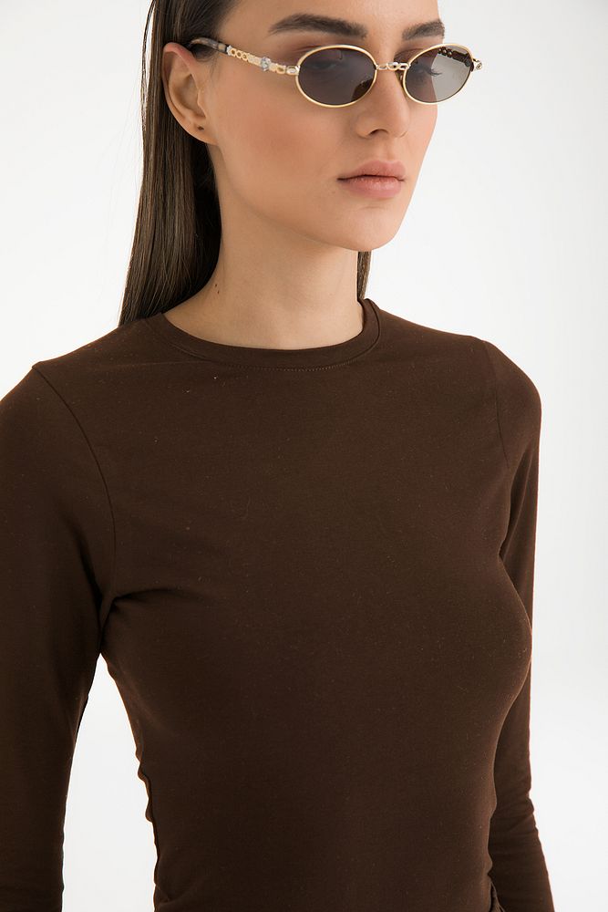 Cotton Yuvarlak Yaka Bluz Kahverengi