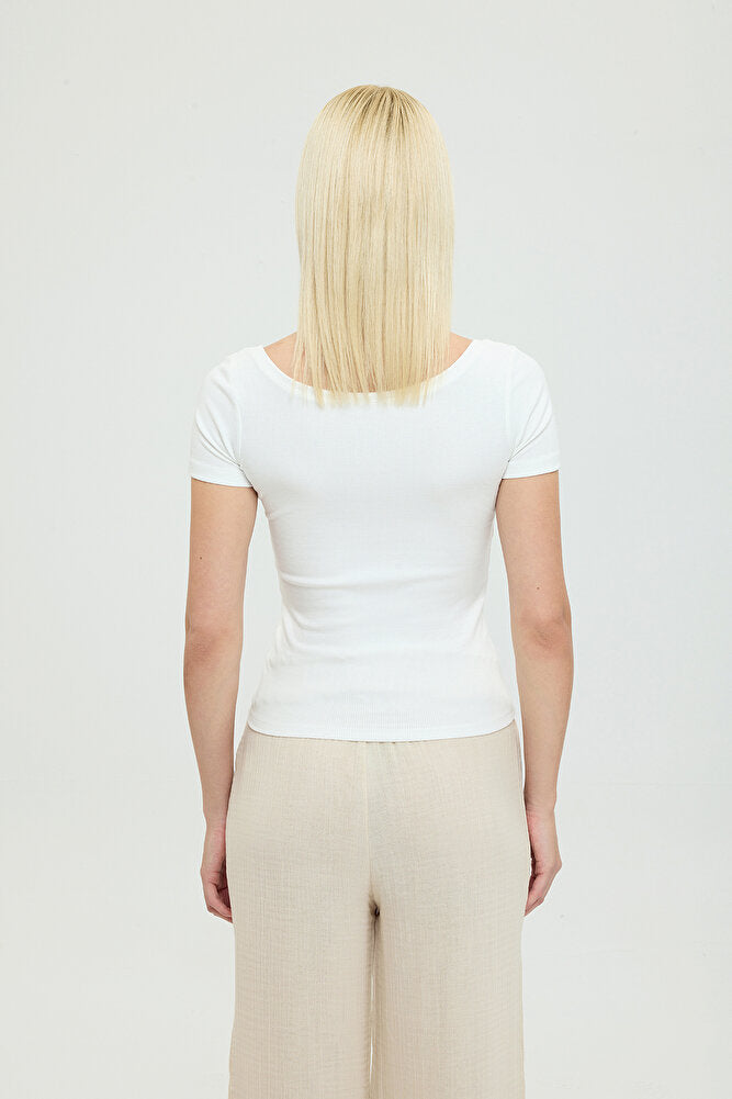 Soft Rib Oval Yaka Kısa Kol Bluz Ekru