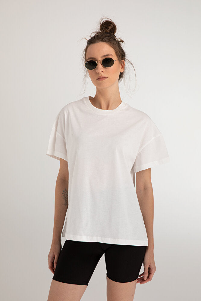Cotton Oversize/geniş Kalıp Bisiklet Yaka Basic T-shirt Ekru