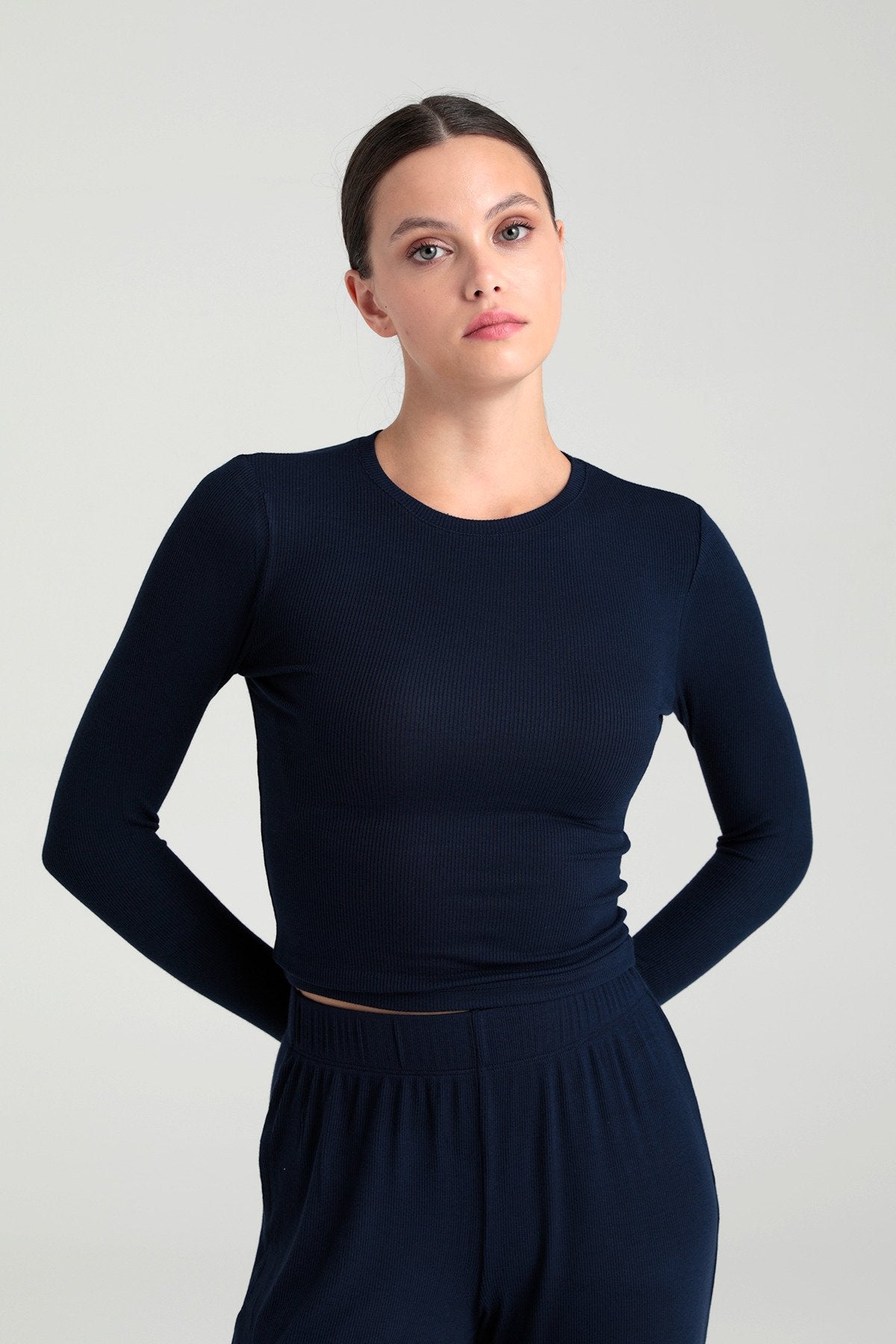 Soft Rib Yuvarlak Yaka Bluz Lacivert
