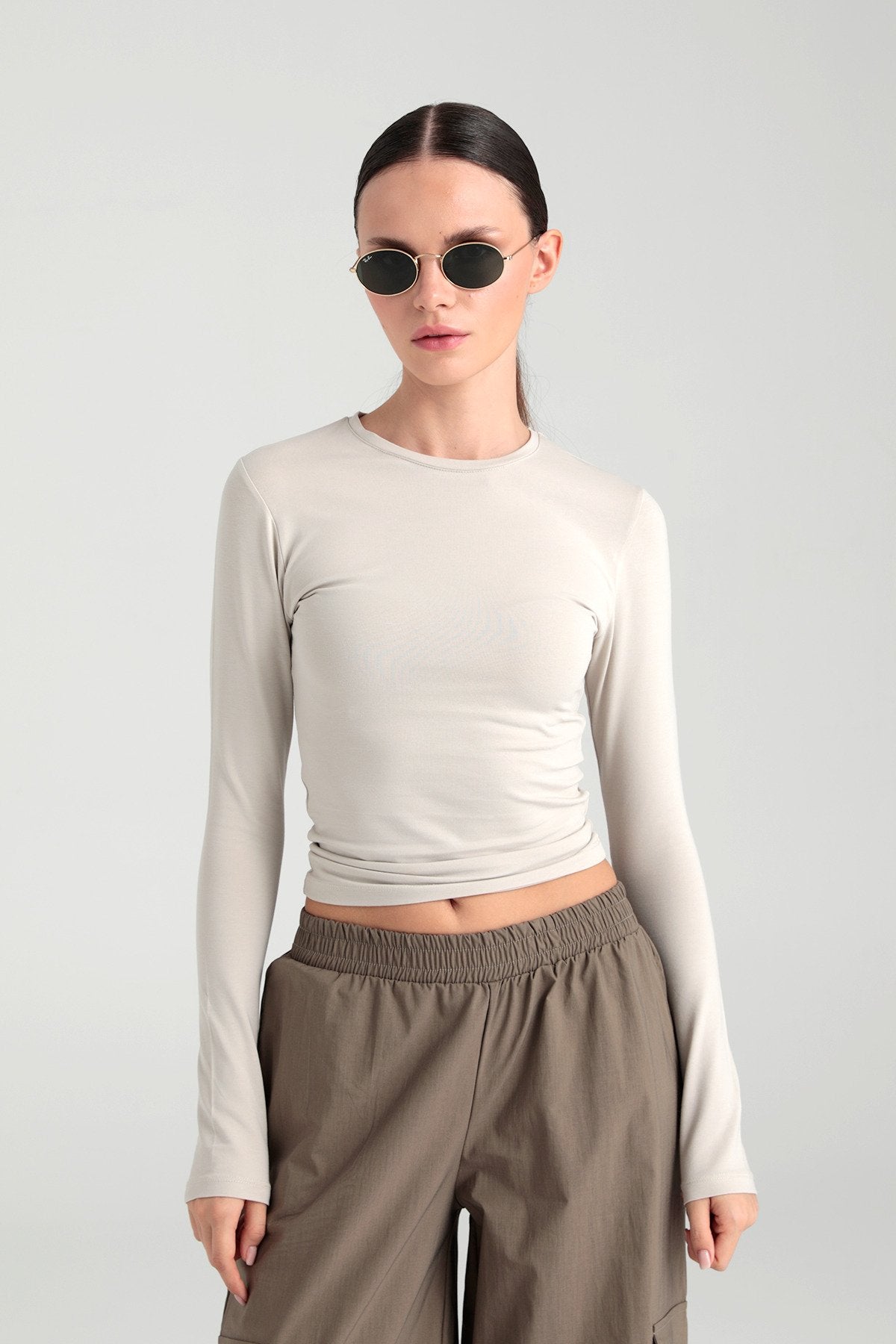 Cotton Yuvarlak Yaka Bluz Bej