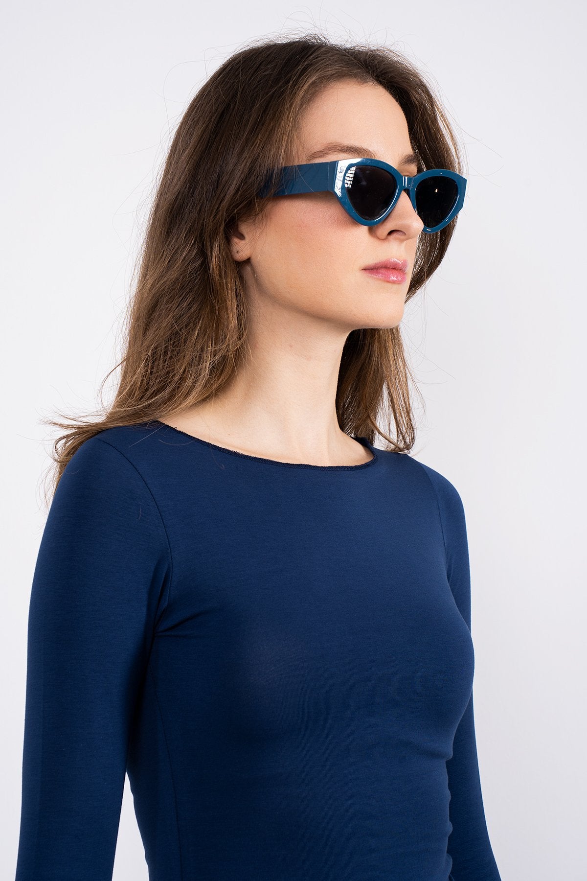 Cotton Kayık Yaka Bluz Lacivert