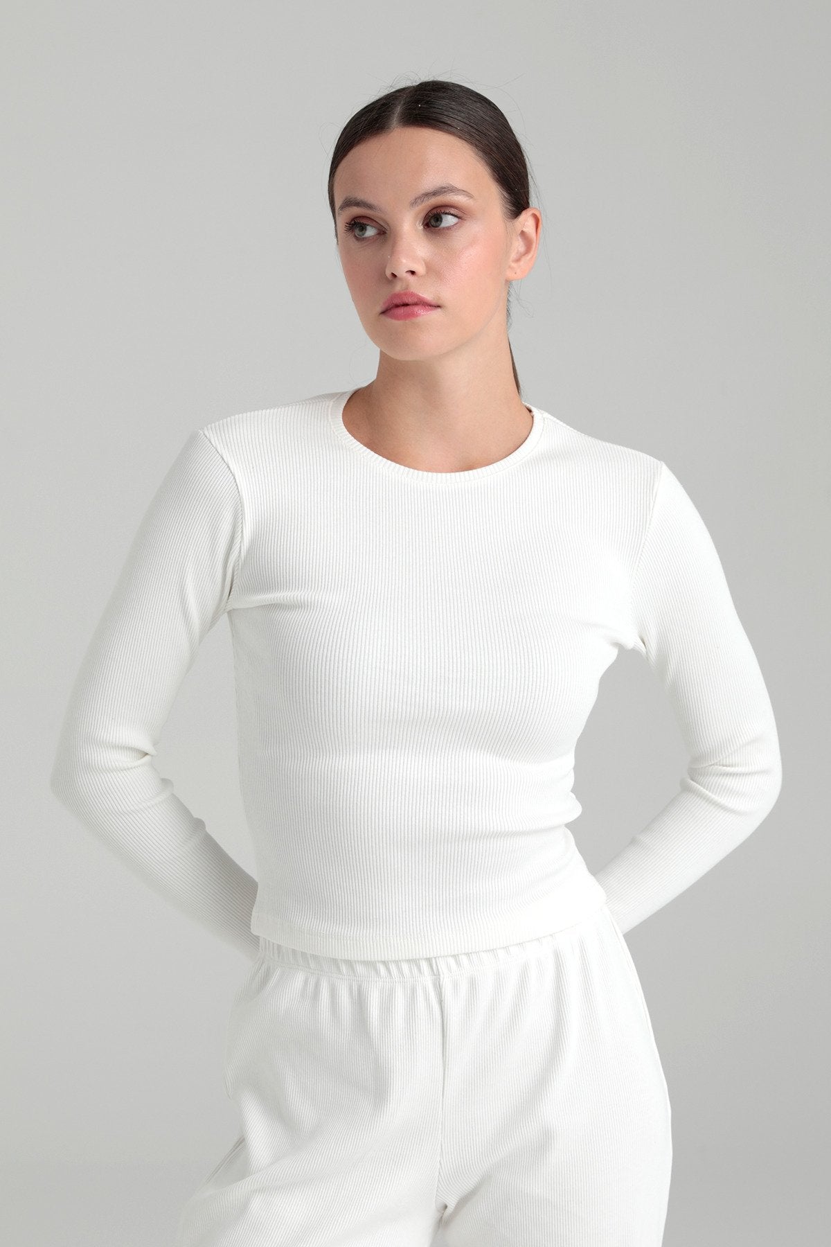 Soft Rib Yuvarlak Yaka Bluz Ekru