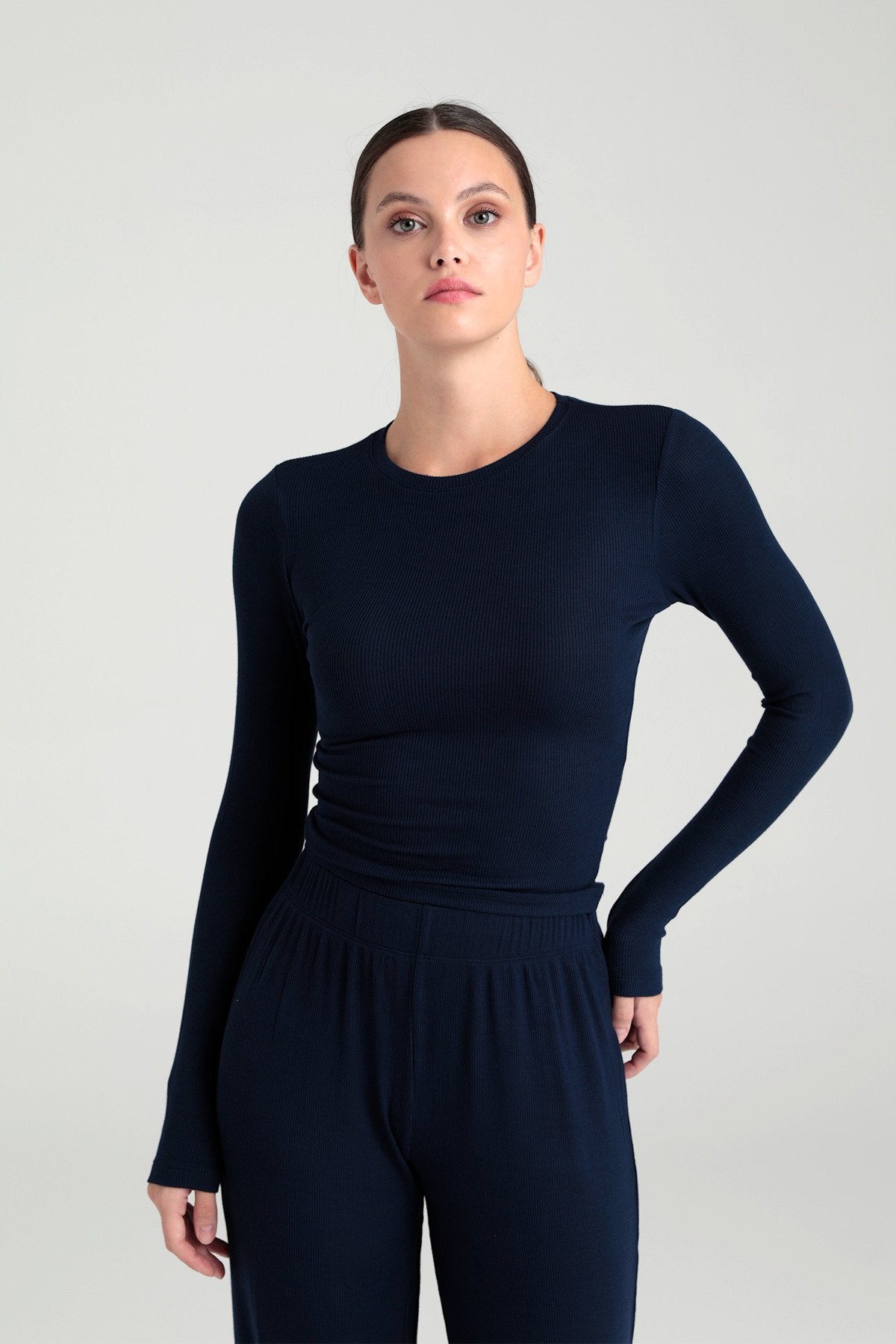 Soft Rib Yuvarlak Yaka Bluz Lacivert