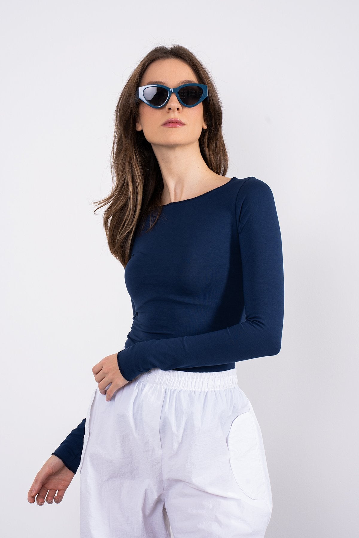 Cotton Kayık Yaka Bluz Lacivert