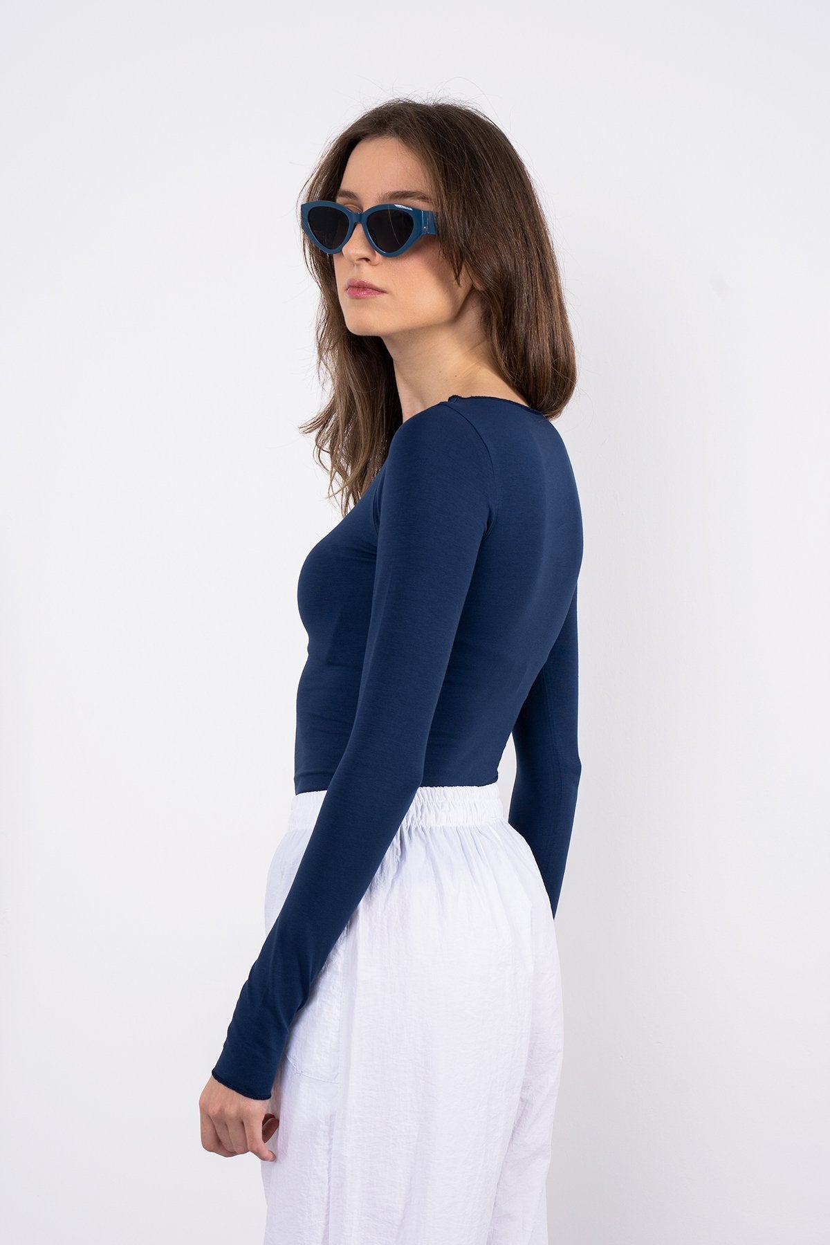 Cotton Kayık Yaka Bluz Lacivert