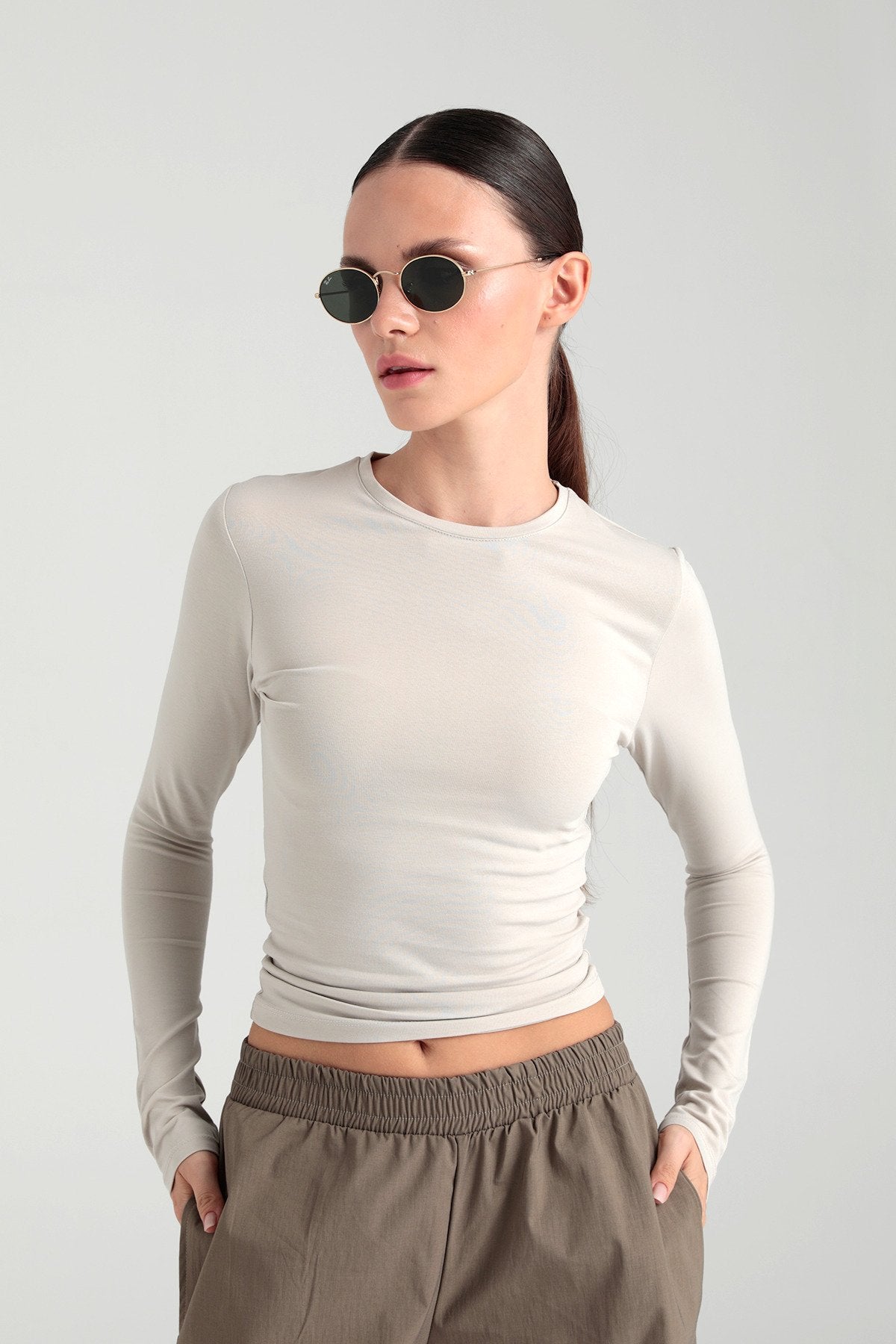 Cotton Yuvarlak Yaka Bluz Bej