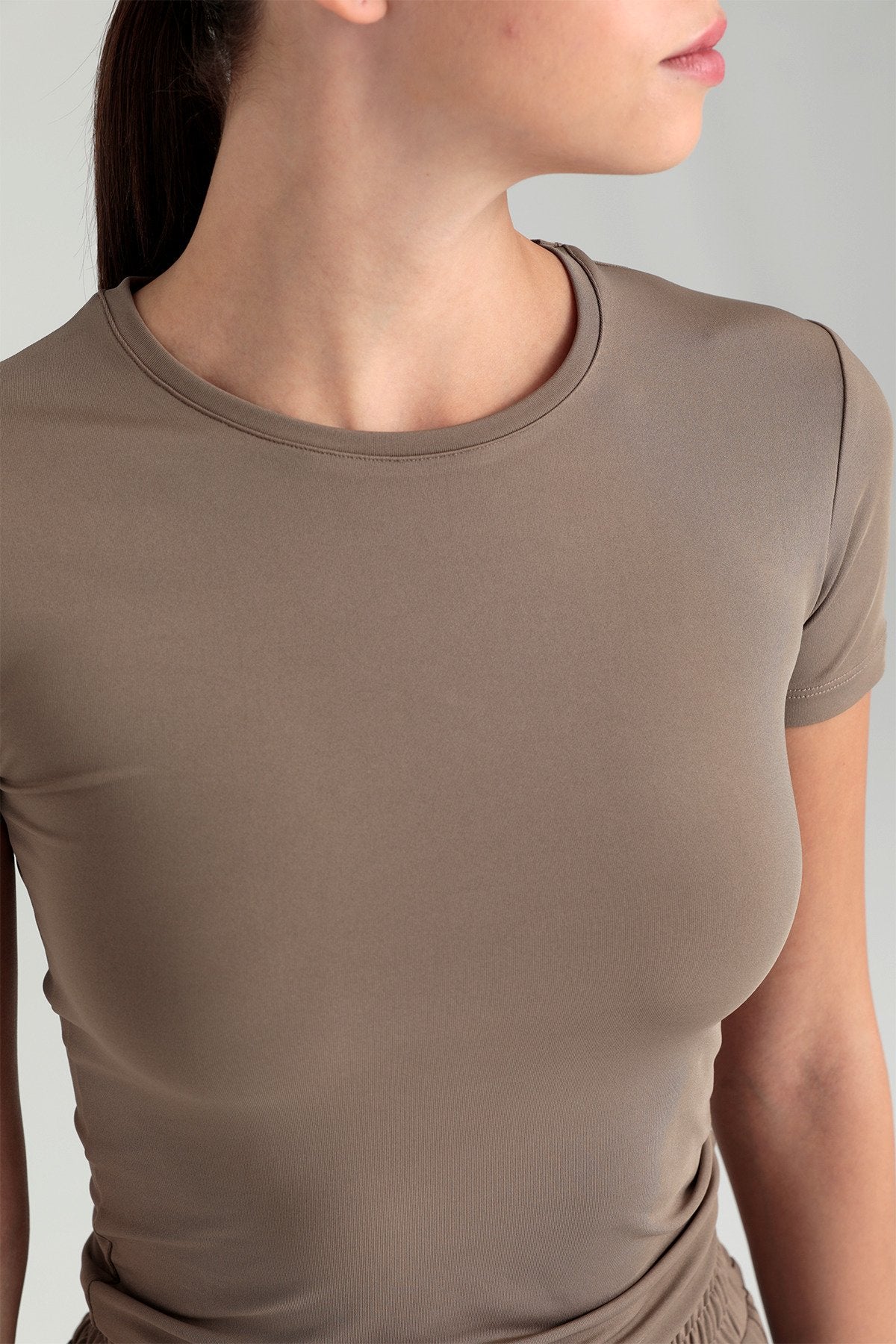 Soft Touch Yuvarlak Yaka Kısa Kol Bluz Vizon