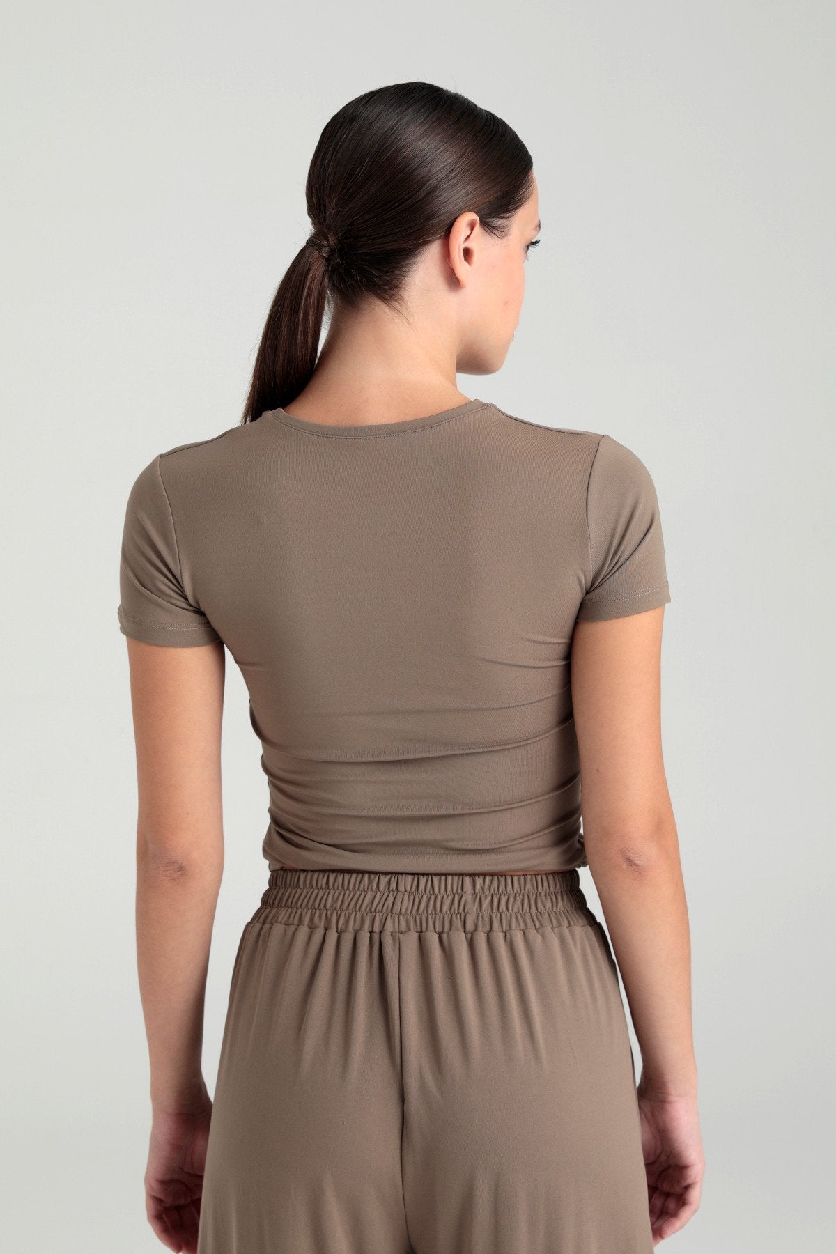 Soft Touch Yuvarlak Yaka Kısa Kol Bluz Vizon