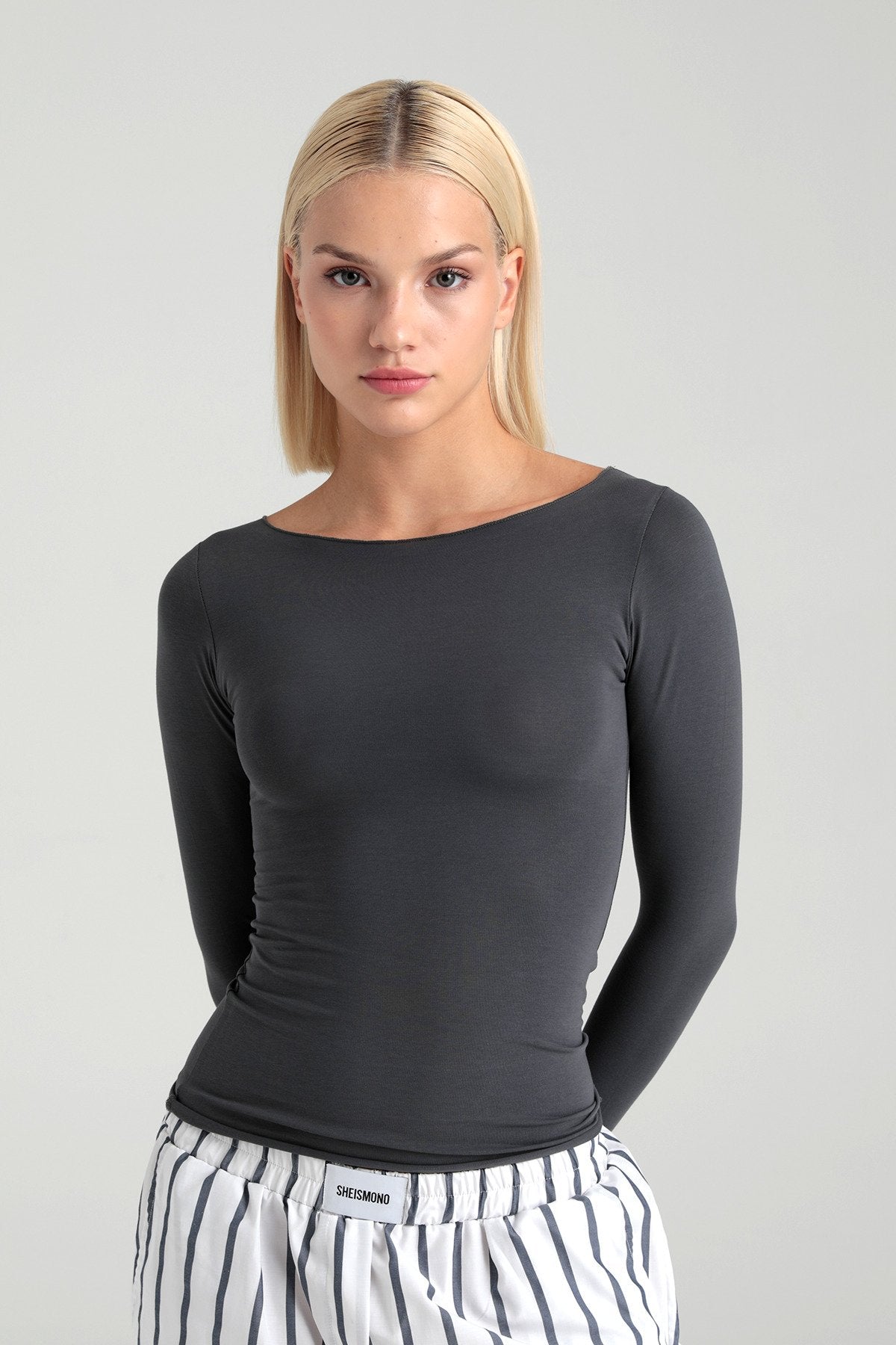 Cotton Kayık Yaka Bluz Füme