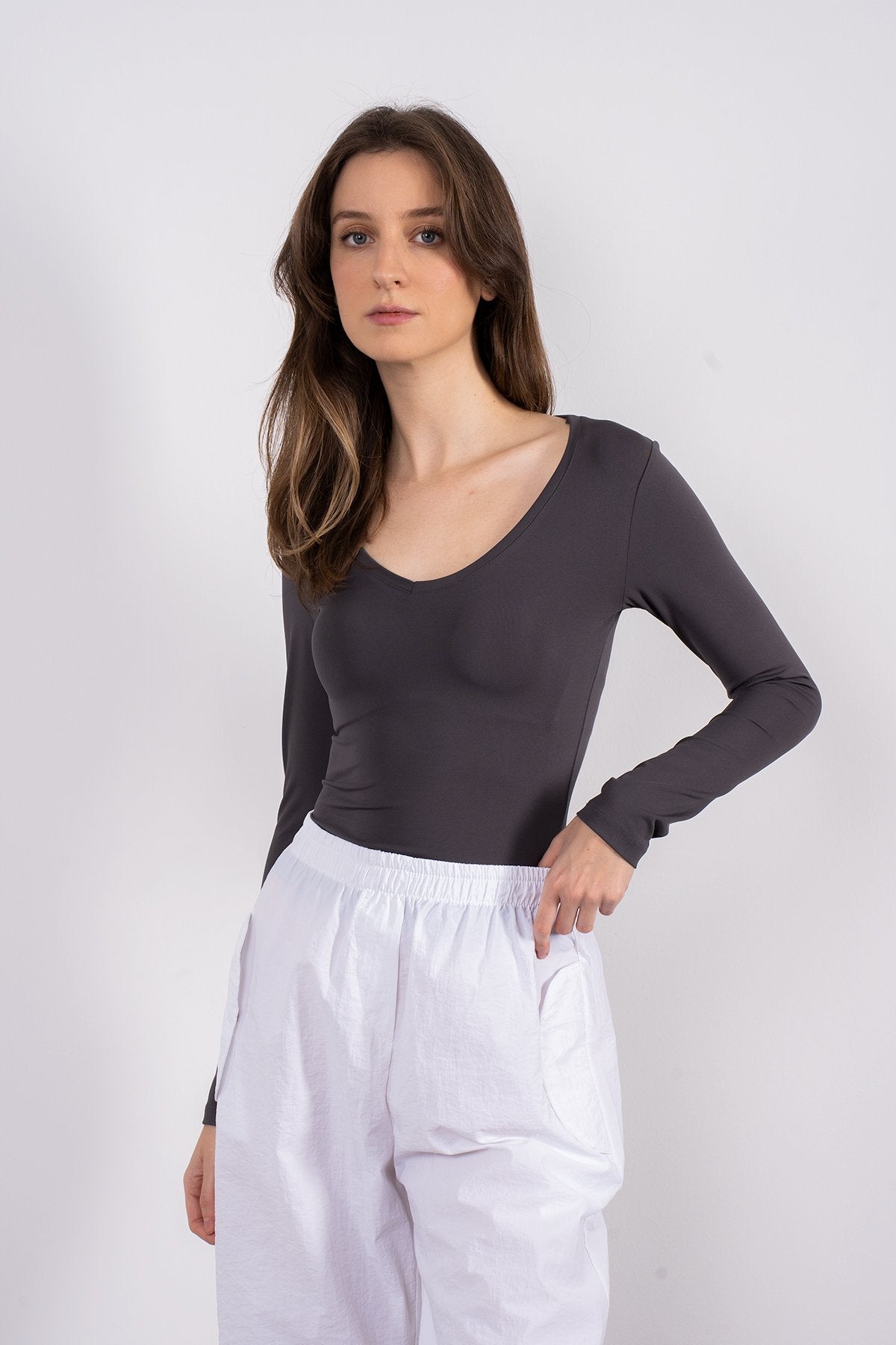 Soft Touch V Yaka Bluz Füme