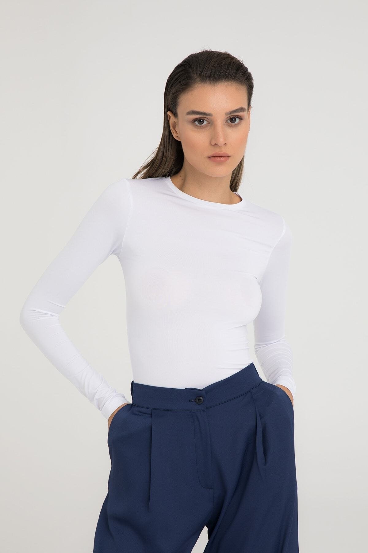 Soft Touch Yuvarlak Yaka Bluz Beyaz