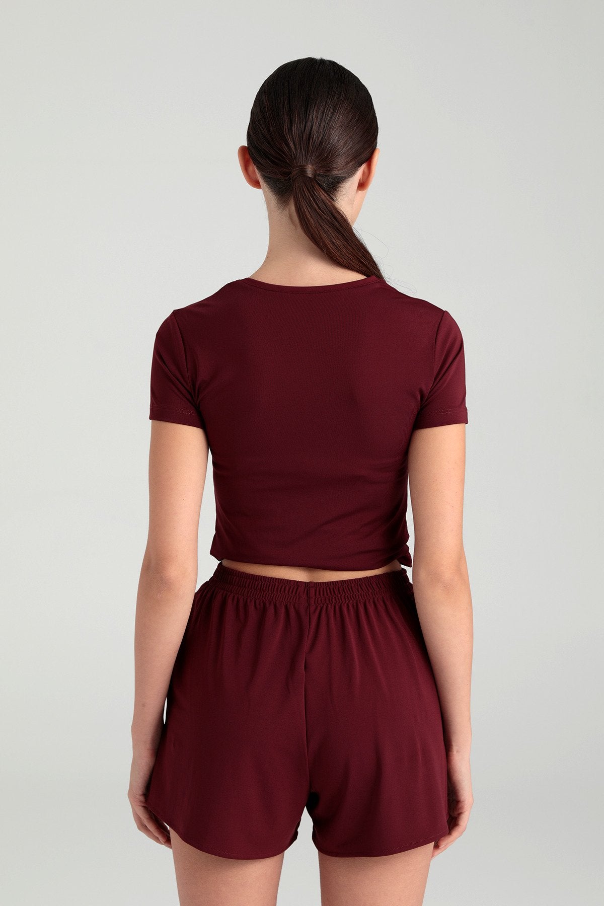 Soft Touch Yuvarlak Yaka Kısa Kol Bluz Bordo