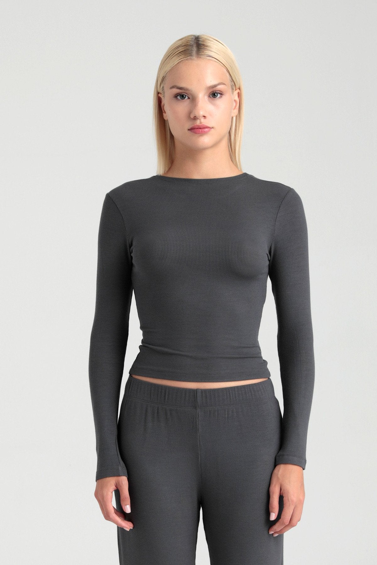 Soft Rib Yuvarlak Yaka Bluz Füme